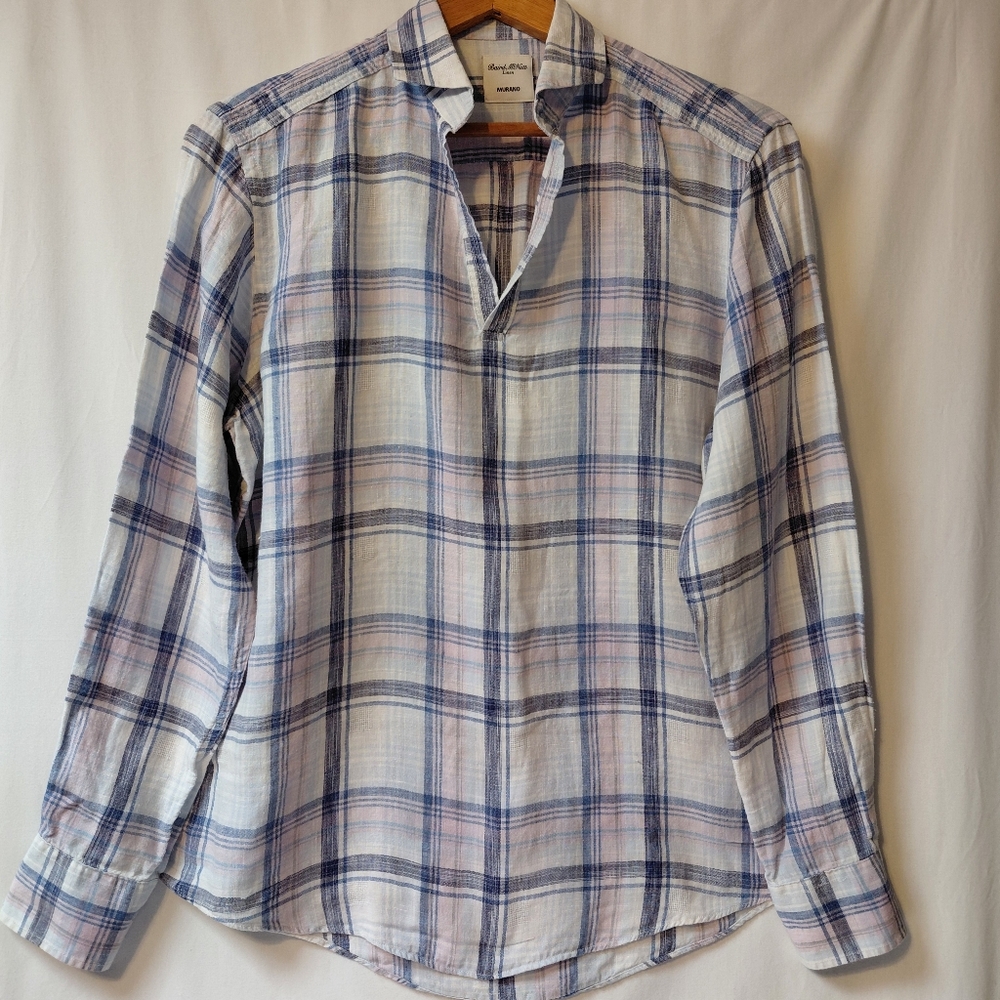 Murano X Baird McNutt‎ Irish Linen Plaid Pullover Shirt Men's Sz Medium